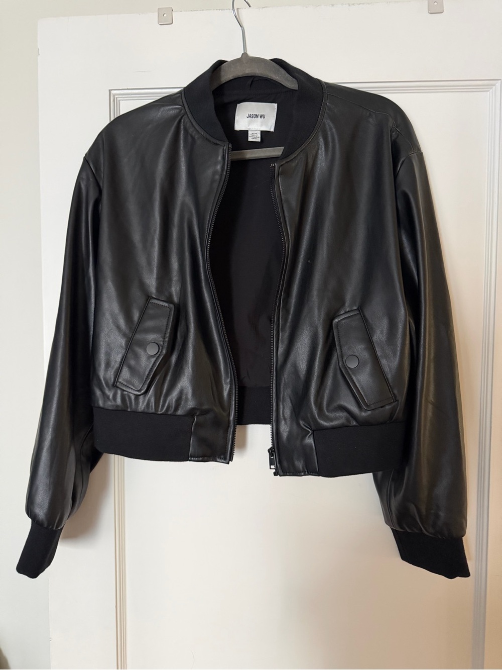 Jason Wu Black Faux Leather Bomber Jacket with Ribbed Trim